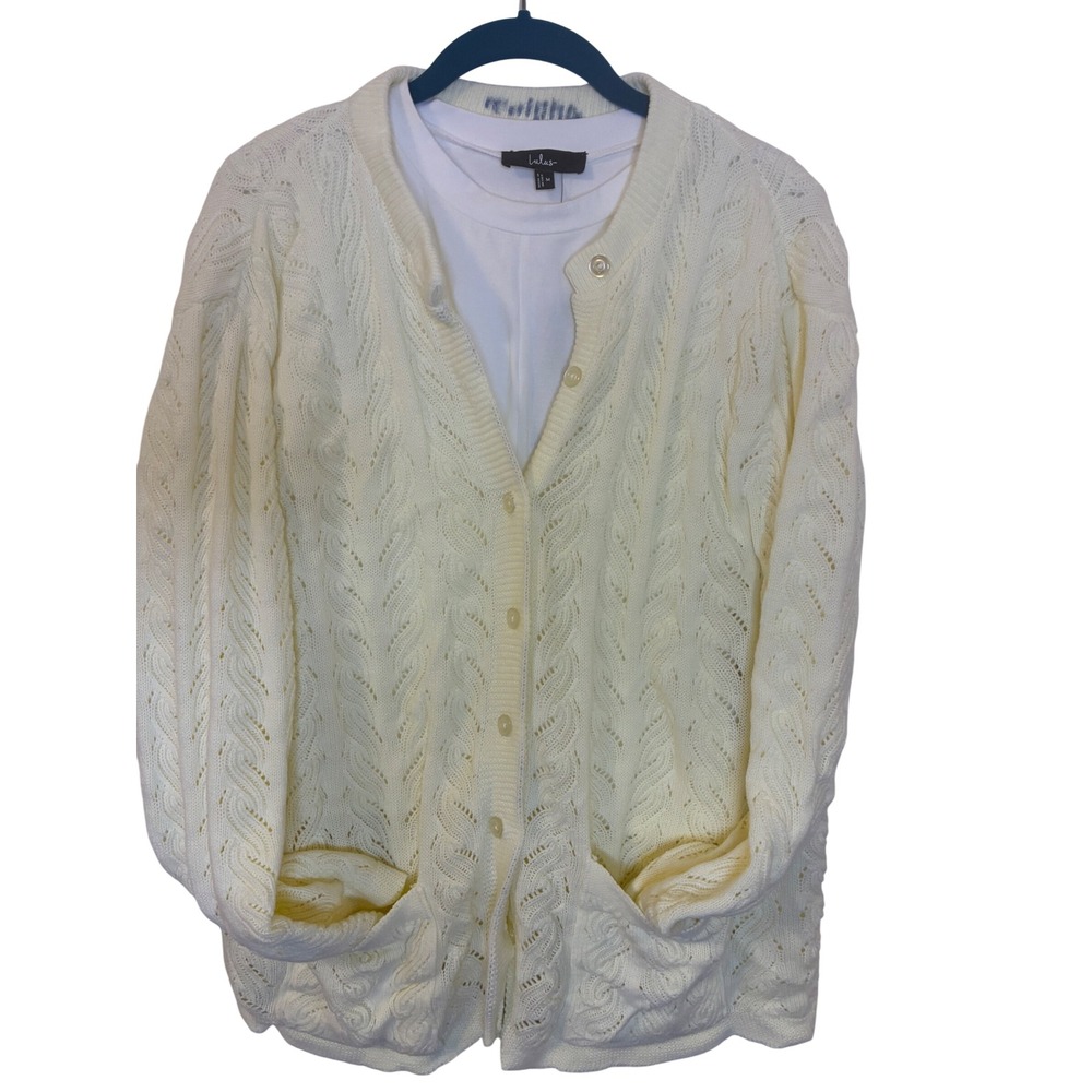 Vintage Cream Pointelle Cable Knit Cardigan Sweater  Style Acrylic Size M